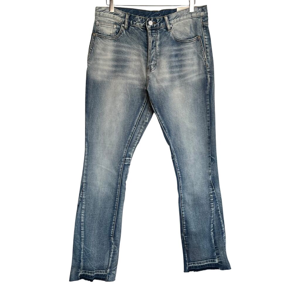 NWT mnml X514 Skinny Stacked Denim Medium Blue Flare Jeans Bootcut Bell Size 34